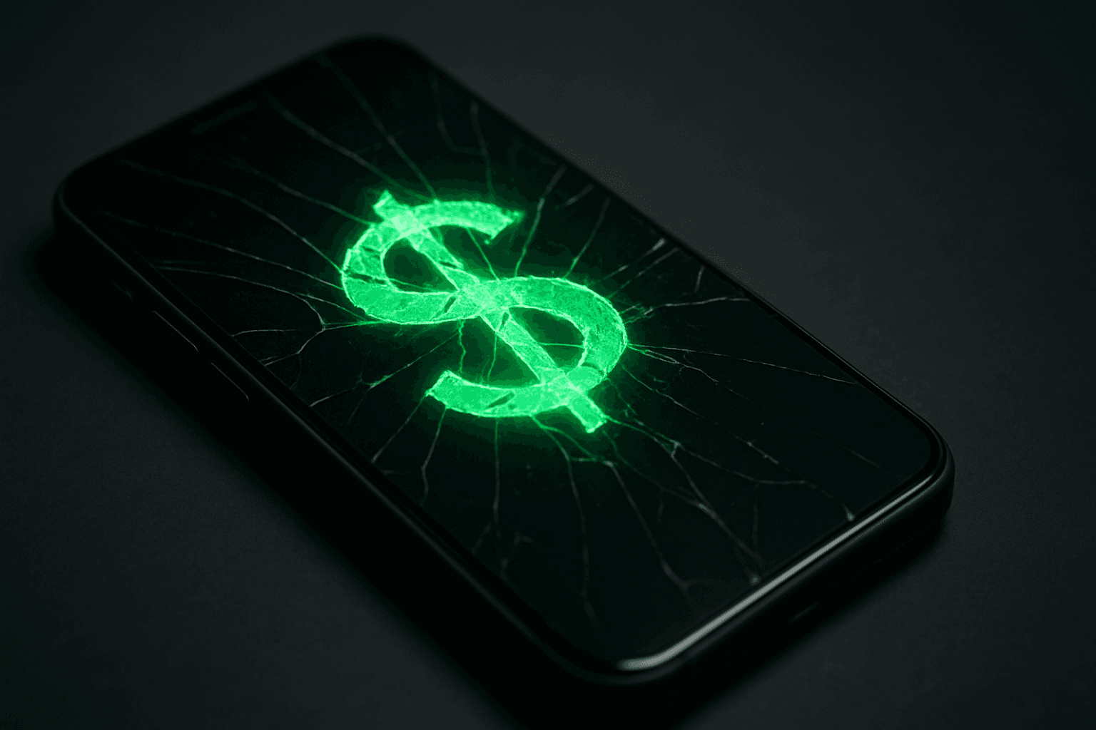 Broken dollar sign over a cracked screen phone