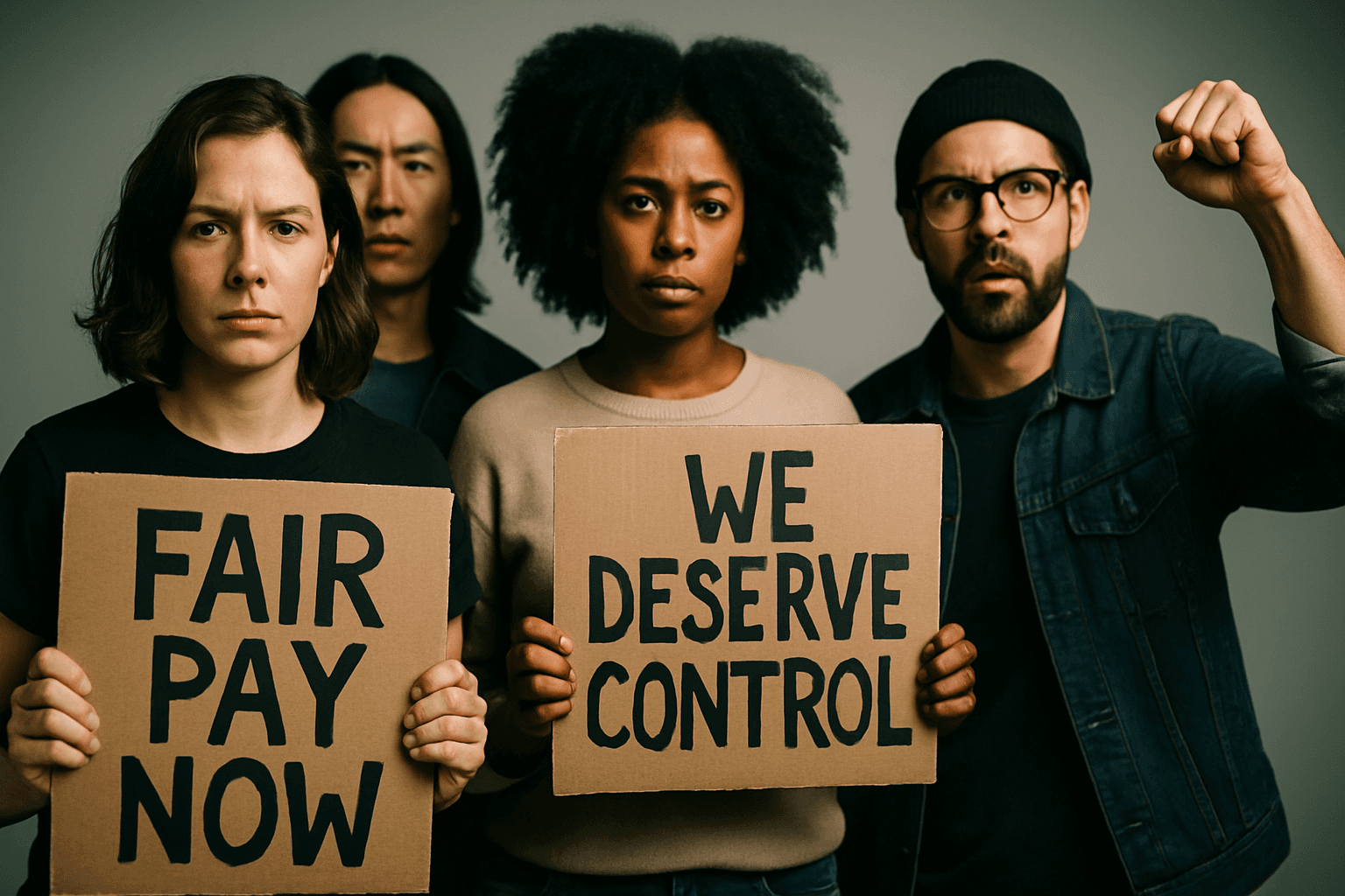 Angry crowd of creators holding signs saying 'Fair Pay Now'