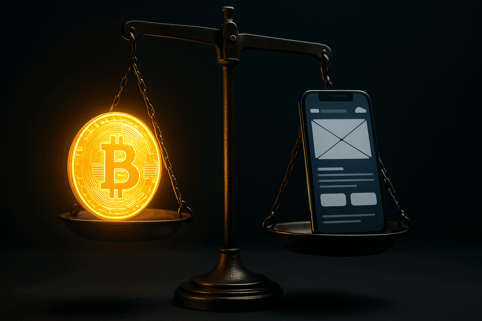 A scale balancing a shiny token on one side and a blueprint/product prototype on the other