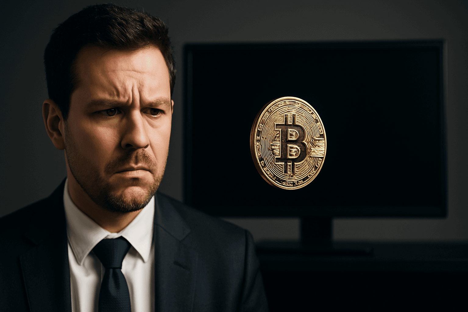 A confused investor staring at a token floating in front of a blank screen